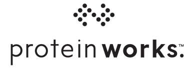 Logo for protein works, featuring stylized black dots above the text.